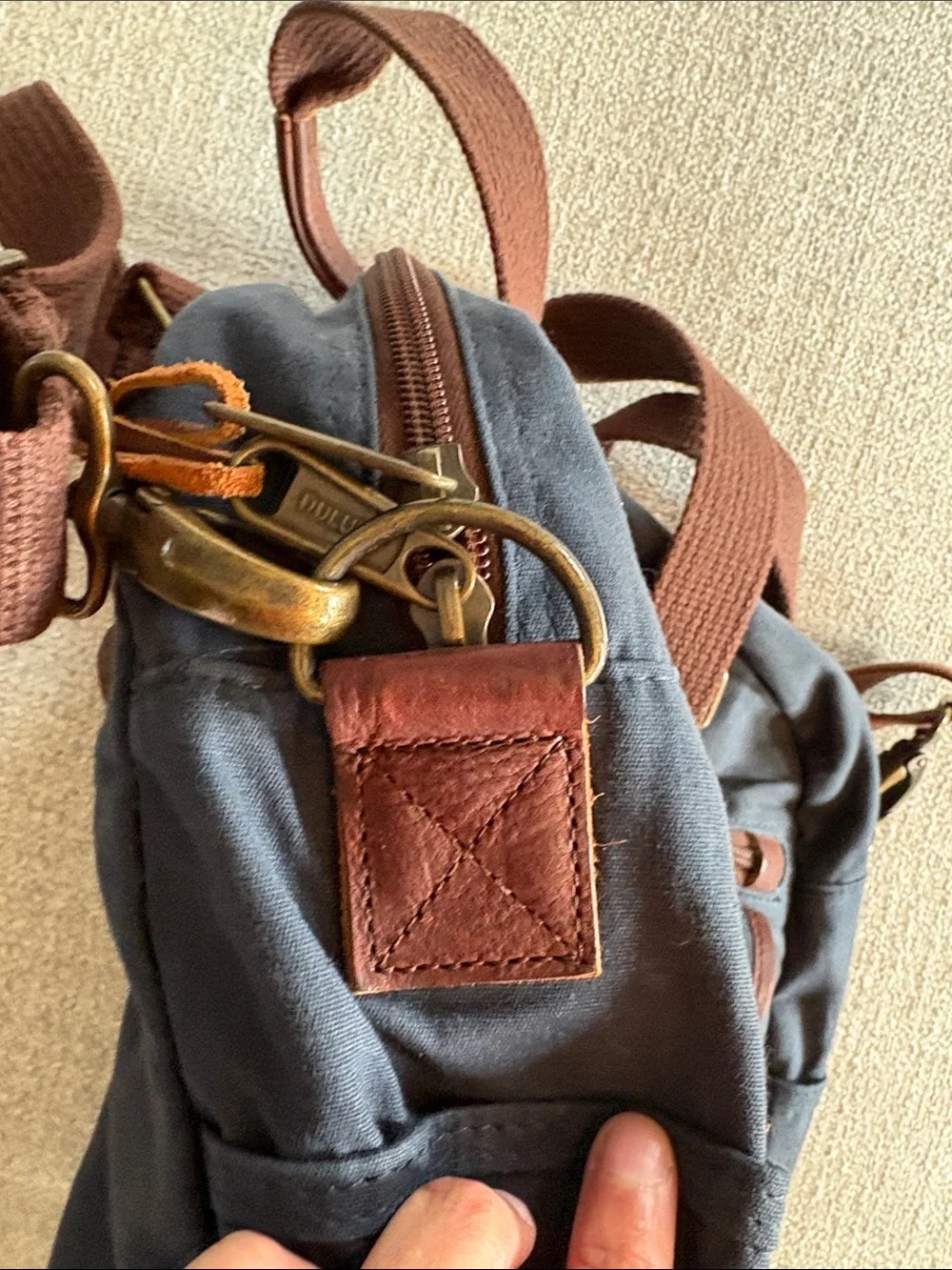 Duluth Trading Co Navy Canvas Messenger Bag with Brown Trim